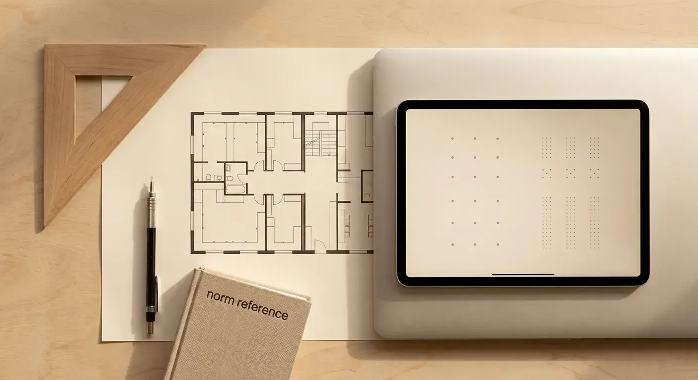 Arbeitsplatz mit analogen Planungswerkzeugen und digitalem Lichtplan — Handwerk trifft Technologie
