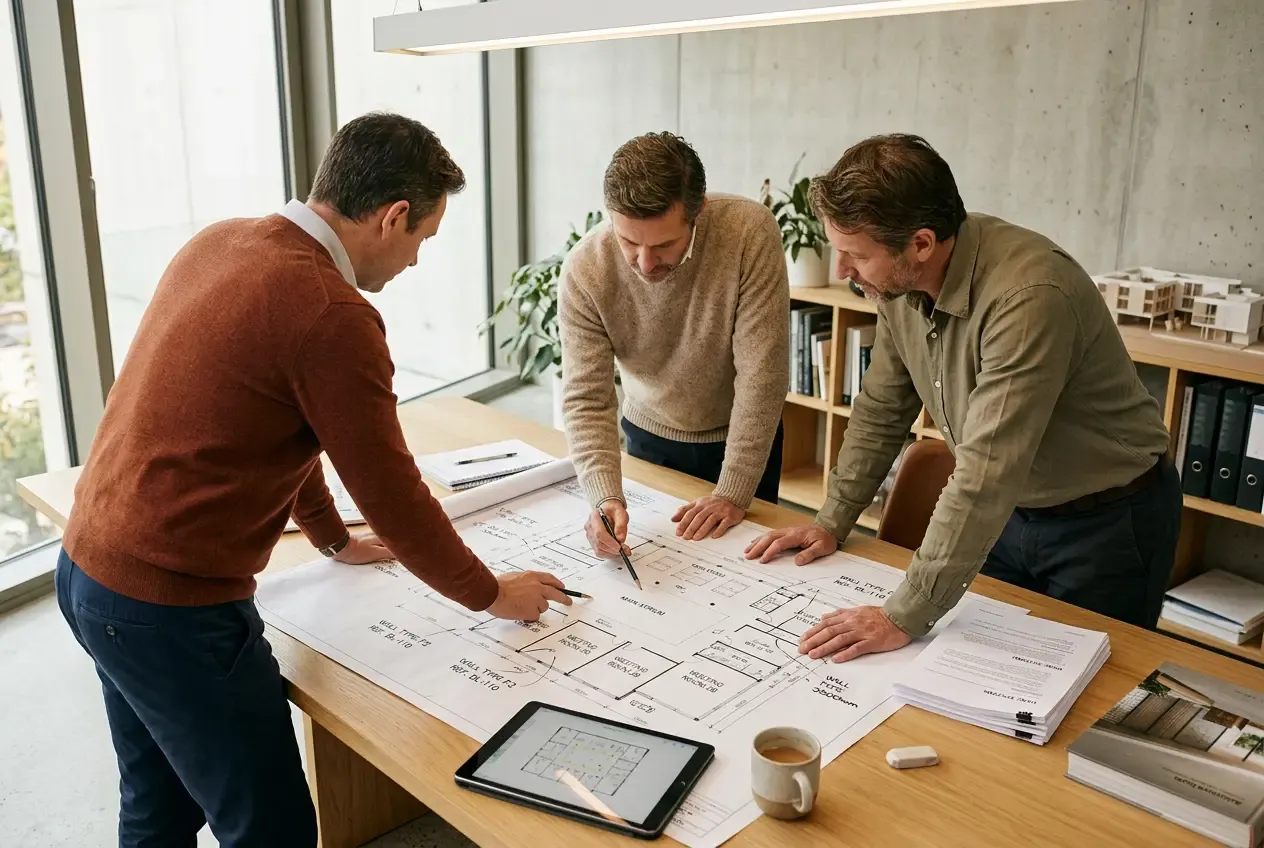 Drei Gründer arbeiten gemeinsam an einem Grundriss in einem lichtdurchfluteten Arbeitsraum