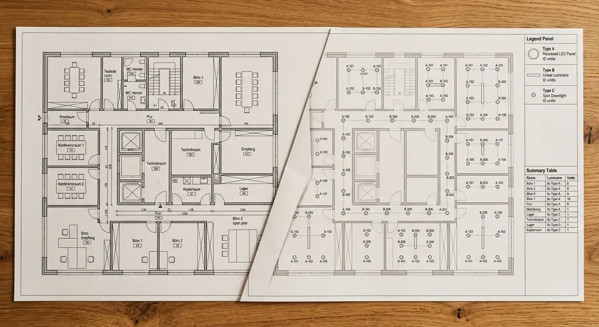 Referenzprojekt Anger Groh Architekten: Grundriss-Input und Lichtplan-Output nebeneinander