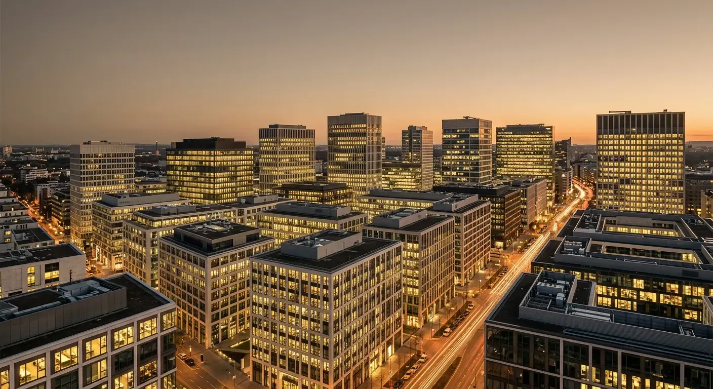 Stadtlandschaft mit beleuchteten Bürogebäuden — jedes Gebäude ist ein Planphos-Kunde
