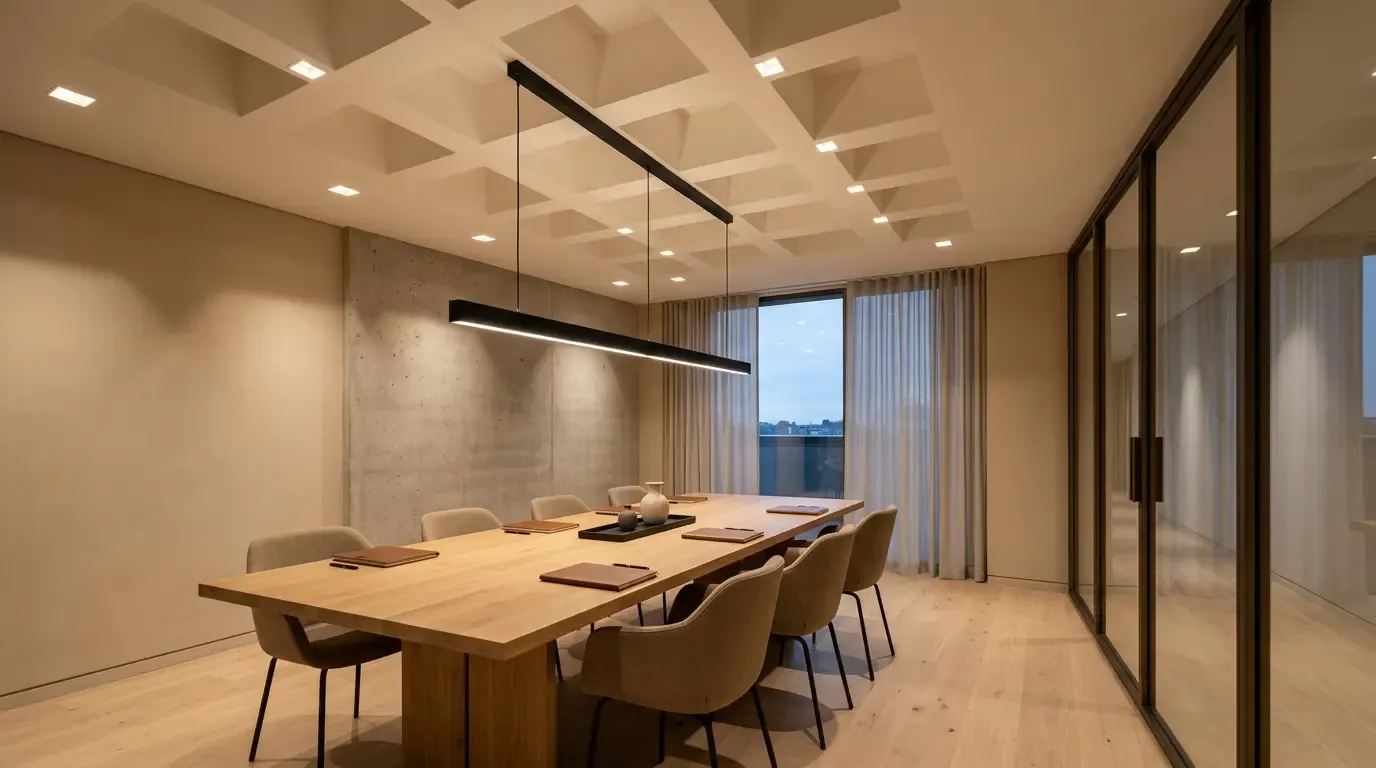 Moderner Besprechungsraum mit präzise platzierten Decken-Downlights und linearer Pendelleuchte — das Ergebnis guter Lichtplanung