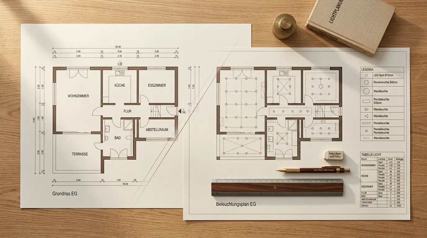 Grundriss neben fertigem Lichtplan auf einem Architekten-Arbeitsplatz — die Planphos-Transformation