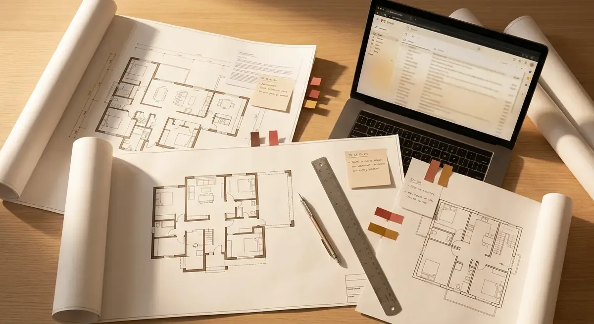 Architekturbüro mit Grundrissen und Planungsunterlagen — der zeitintensive Planungsprozess