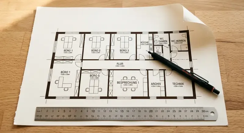 2D-Grundriss auf warmem Papier mit Raumaufteilungen und Maßlinien — der Upload-Schritt