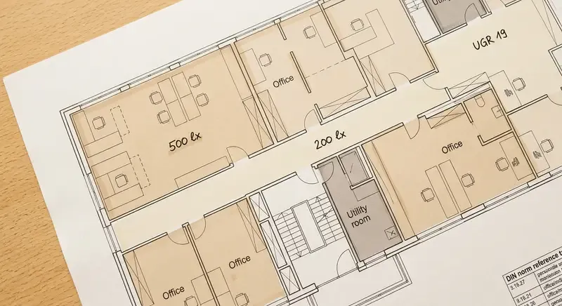 Grundriss mit farblich markierten Raumzonen und Normwert-Annotationen — Darstellung der KI-Analyse