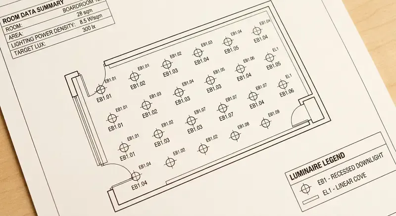 Fertiger Lichtplan mit Leuchtenpositionen, IDs und Legende — das Ergebnis der automatisierten Planung