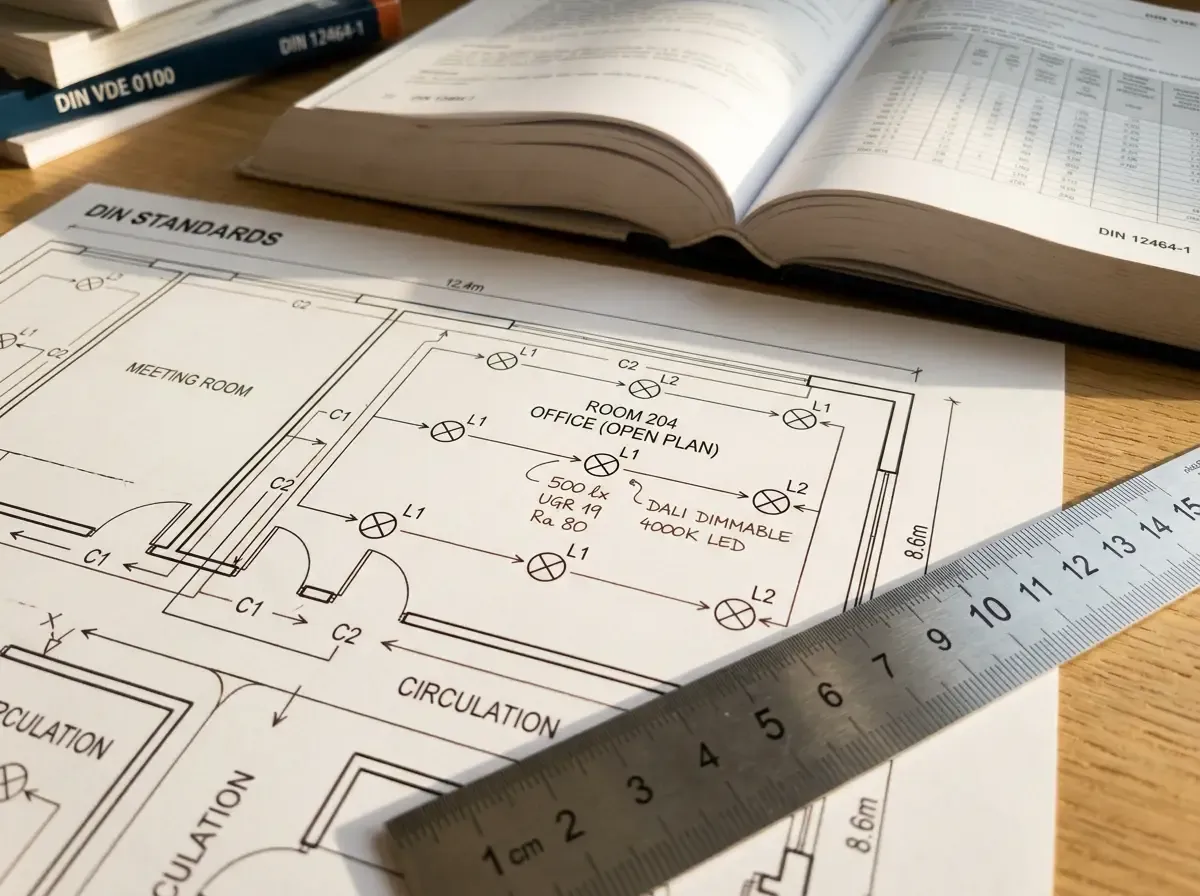 Nahaufnahme eines Lichtplans mit Normwert-Annotationen und DIN-Referenzbuch — technische Autorität und Präzision