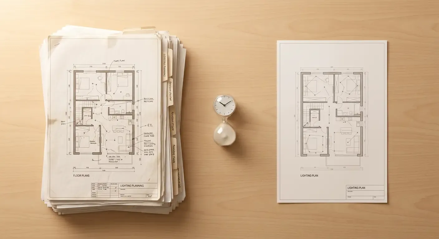 Stapel traditioneller Planungsunterlagen neben einem einzelnen fertigen Lichtplan — der Zeitvorteil von Planphos