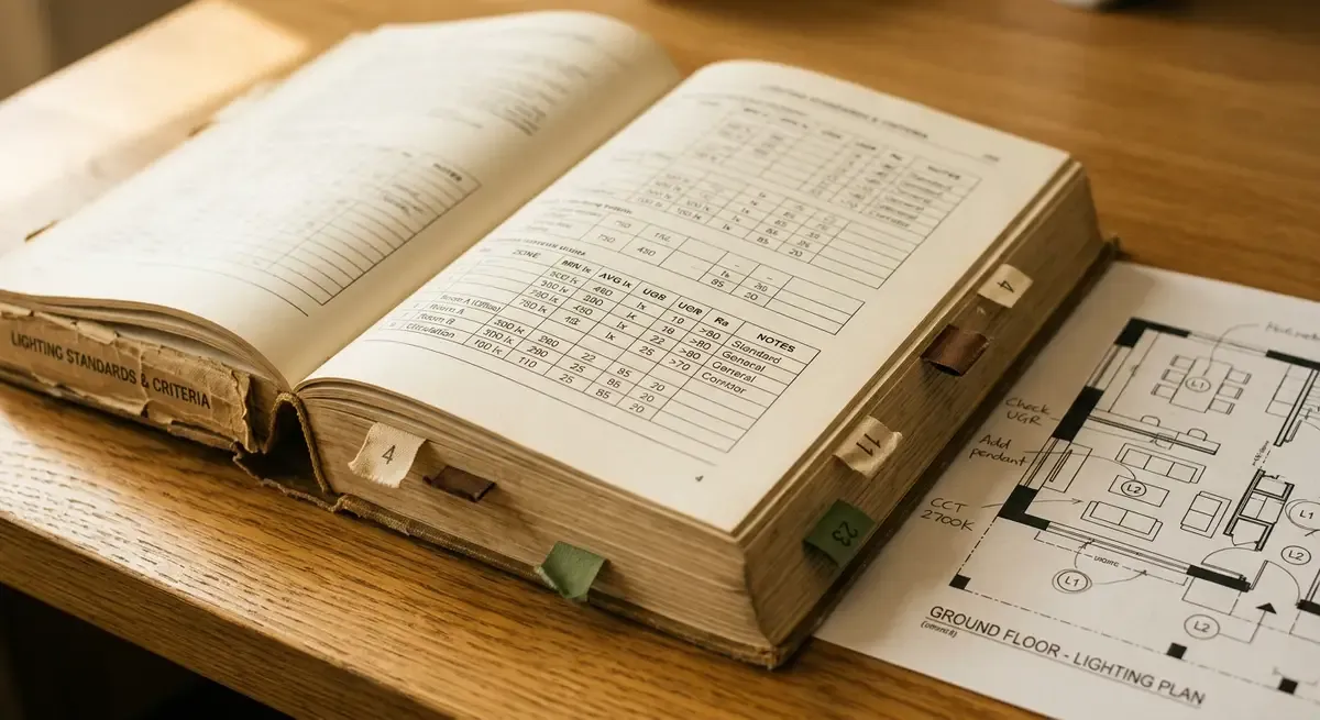 Aufgeschlagenes DIN-Normenbuch mit technischen Beleuchtungstabellen — Referenz für die automatische Normprüfung