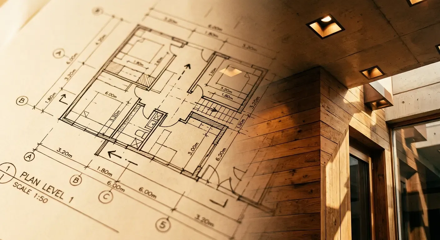 Übergang von Grundrisszeichnung zu fertig beleuchtetem Raum — die Planphos-Transformation