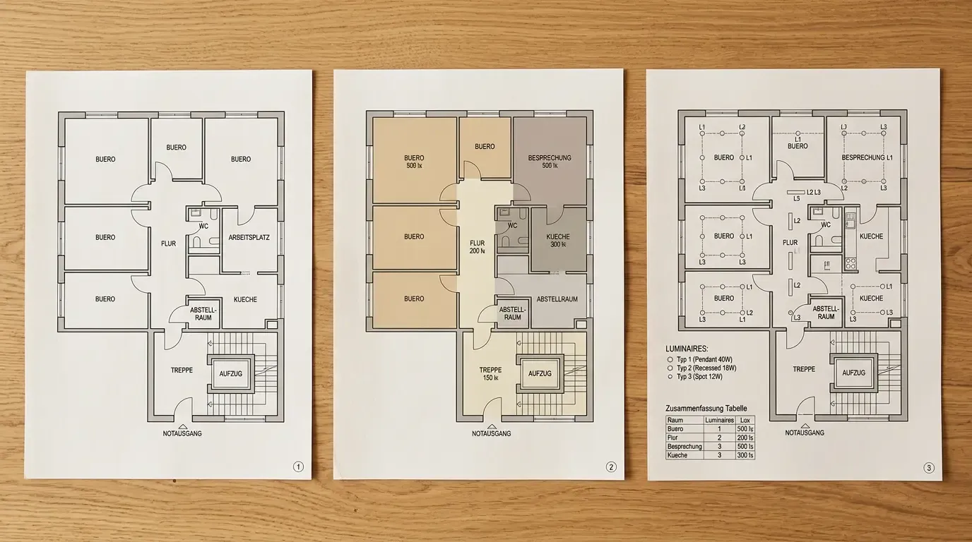 Drei Stufen der KI-Pipeline: Grundriss-Input, Raumklassifikation mit Normwerten, fertiger Lichtplan mit Leuchtenpositionen