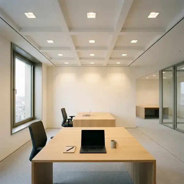 Modernes Büro mit Decken-Downlights in präzisem Raster — 500 lx
