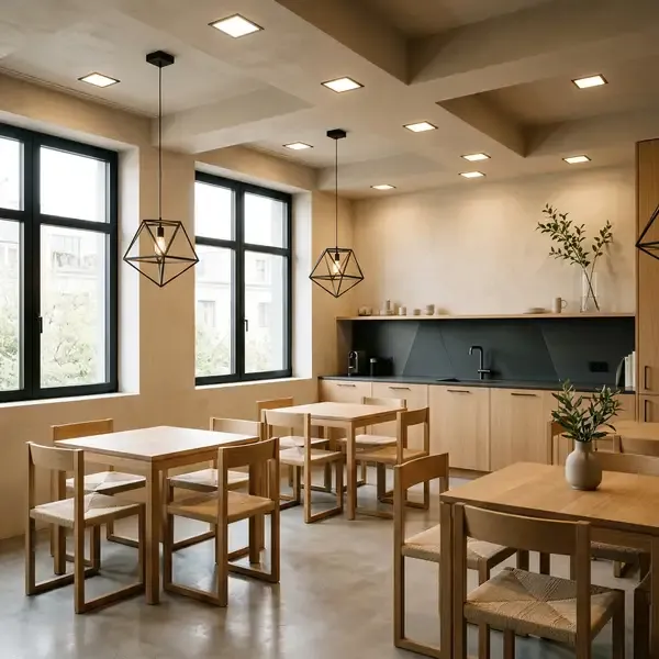 Helle Cafeteria mit warmem Lichtkonzept — 200 lx