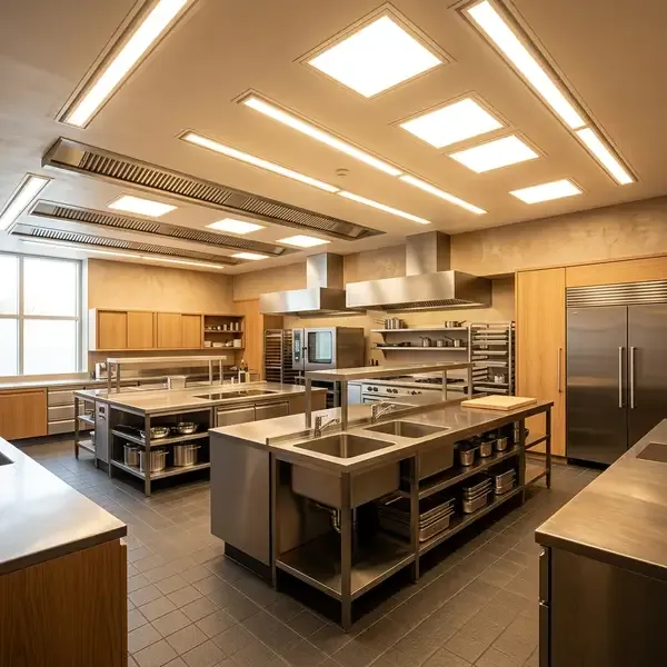 Gewerbliche Küche mit heller Funktionsbeleuchtung — 500 lx