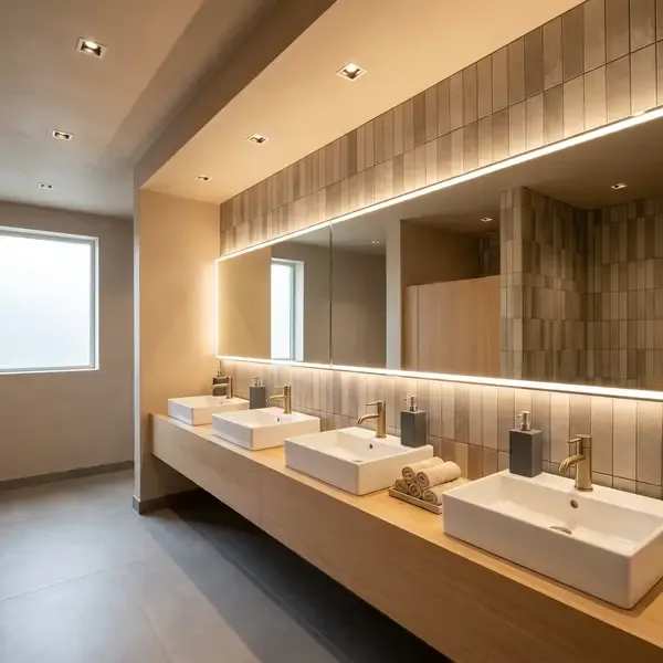 Moderner Waschraum mit klarer Beleuchtung — 200 lx